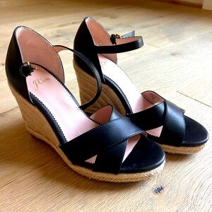NEW J.Crew Jute wedge sandals in leather, black, size 7.